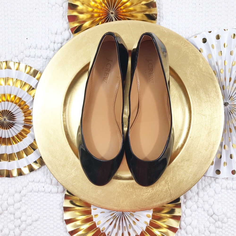 J. Crew Janey Flats Black Patent Leather Gold Heel